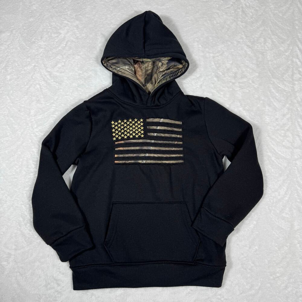 Boys Mossy Oak‎ Kids Small 7 Camo American Flag Hoodie Black Camo Lining Fleece